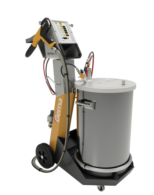 Gema OptiFlex Pro F manual powder coating system featuring the OptiSelect Pro gun and fluidizing hopper