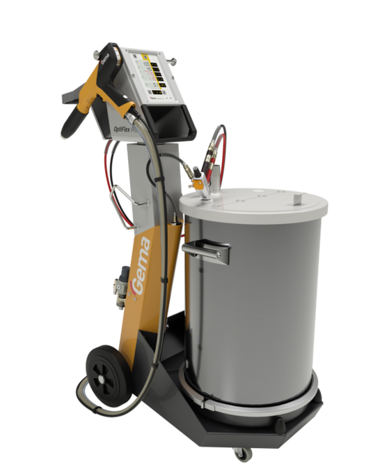 Gema OptiFlex Pro F manual powder coating system featuring the OptiSelect Pro gun and fluidizing hopper