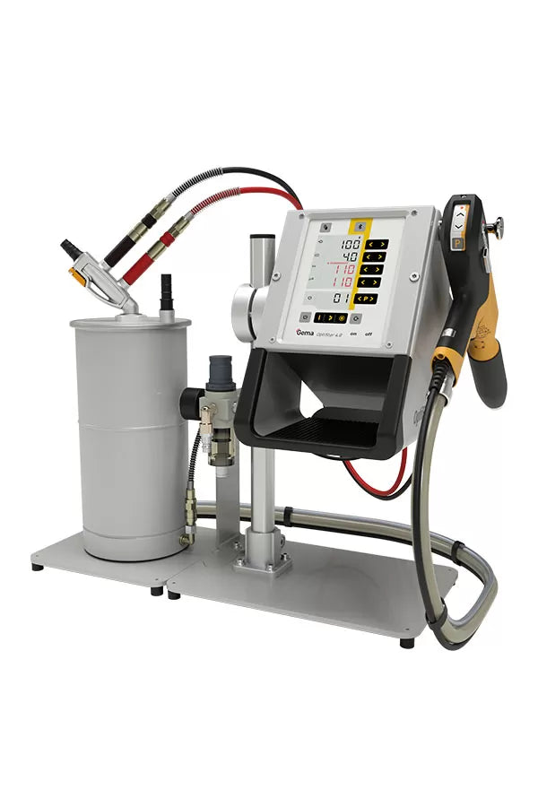 Gema OptiFlex Pro L laboratory manual powder coating system with OptiSelect Pro gun and 4-liter fluidized hopper